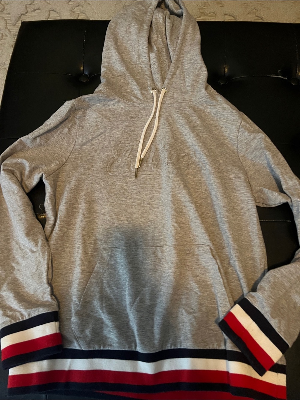 Tommy Hilfiger Gray Hooded Sweatshirt with Red, White & Navy Stripe Trim